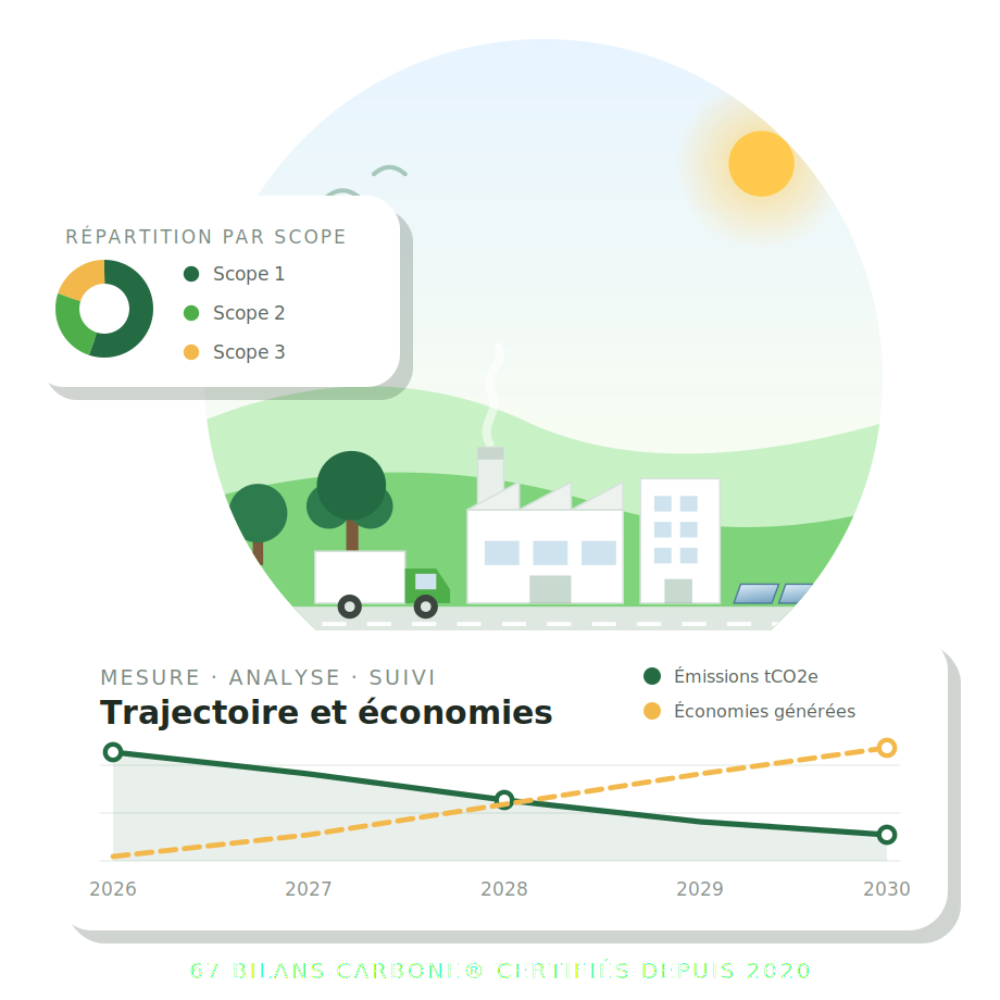 Illustration : perimetre d un Bilan Carbone (site industriel, bureaux, transport) et suivi chiffre des emissions et des economies